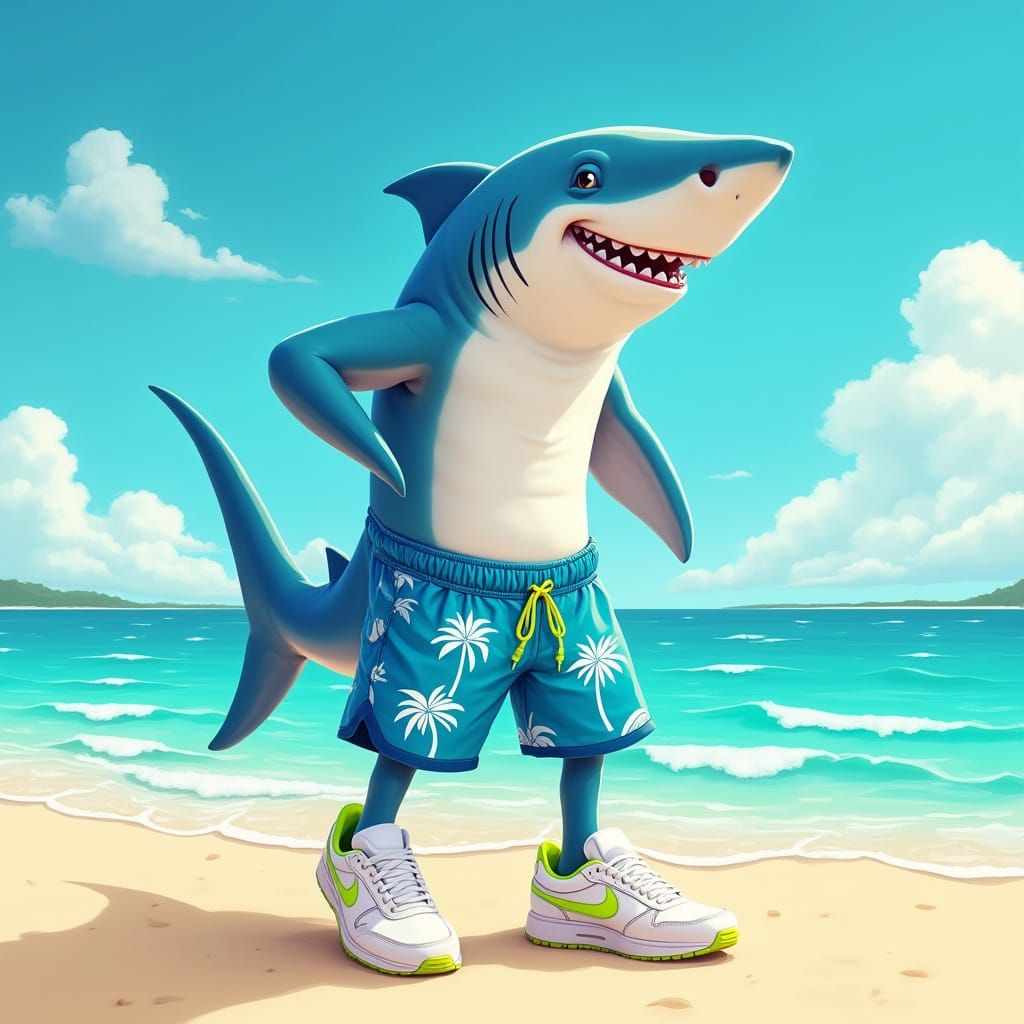 Surfing Shark in Electric Blue Shorts and Nike Sneakers