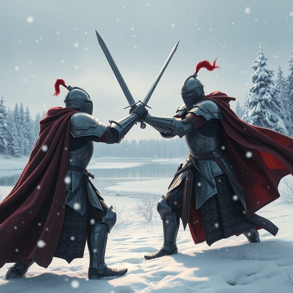 Epic Medieval Knights Clash in Frosty Winter Wonderland