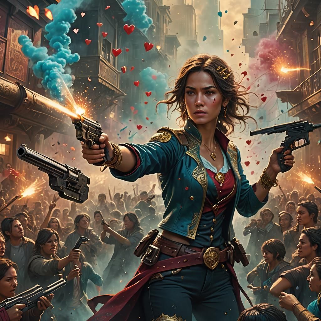 Fantasy Woman Gun Hearts: Digital Matte Painting