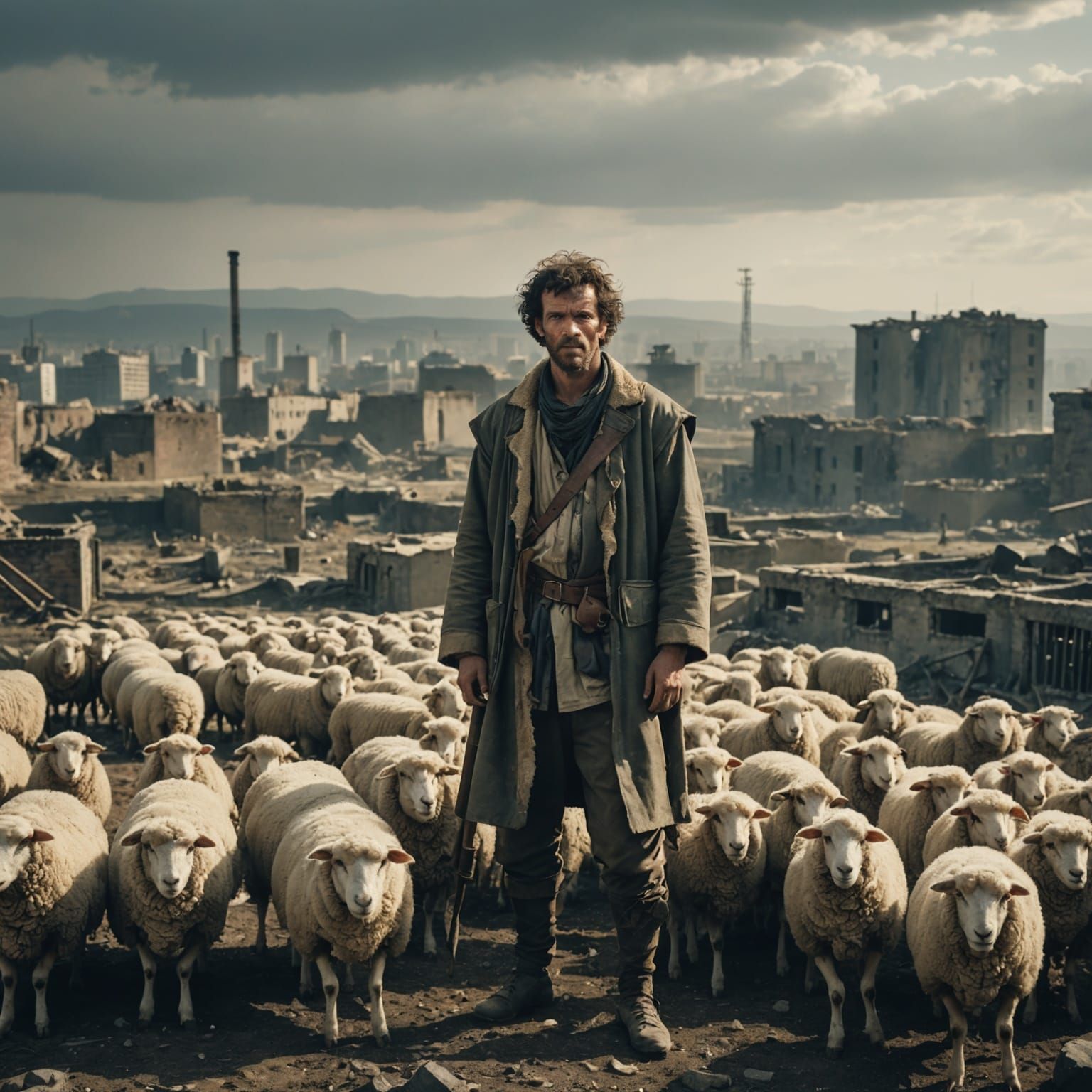 Post-Apocalyptic Sheep Herder in Destroyed City