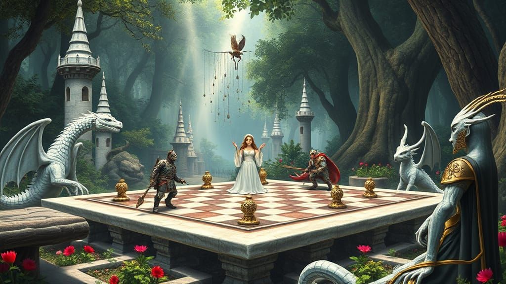 Epic Fantasy Scene with Stone Chessboard in a Magical Forest