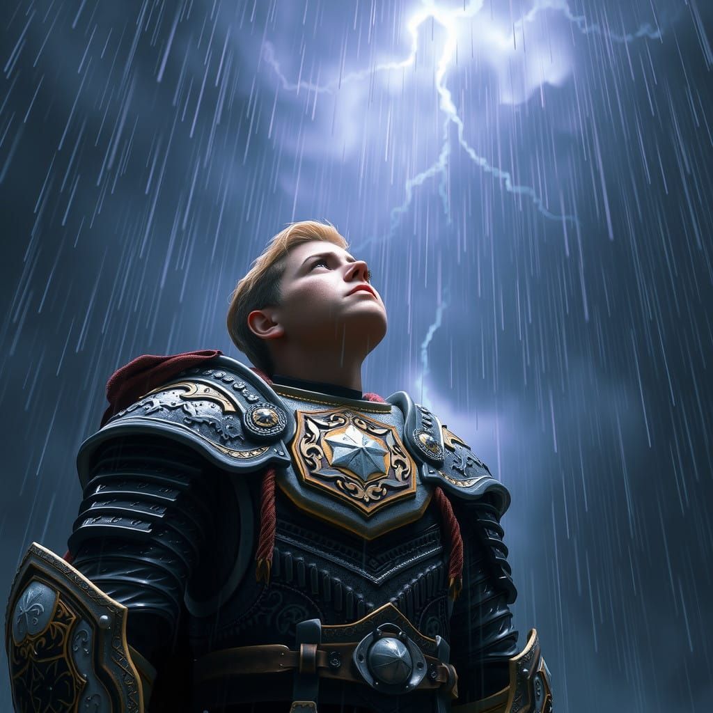 Paladin Gazing Up at the Rainy Sky