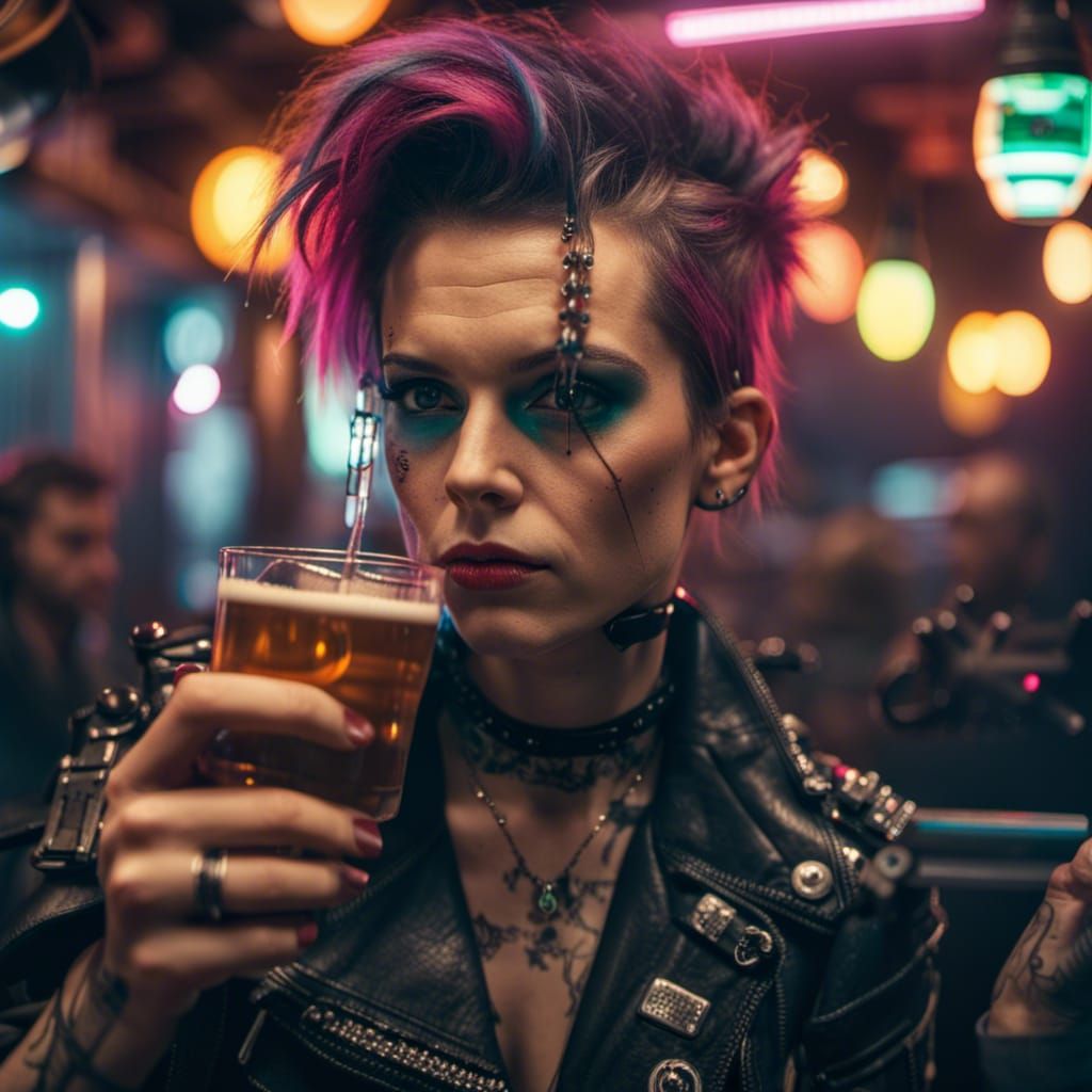 Cyberpunk Woman in Biker Bar, Analog Photo