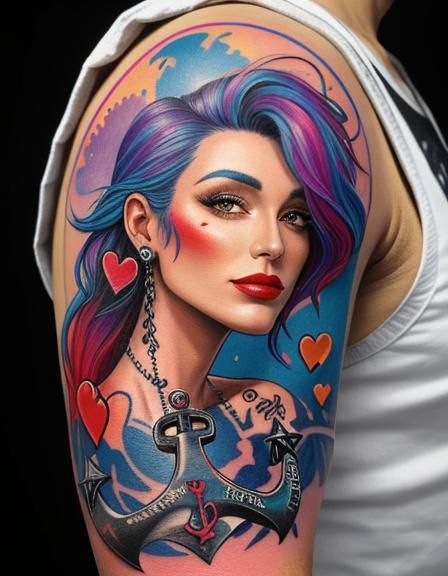 Colorful Arm Tattoo with Woman, Heart and Anchor