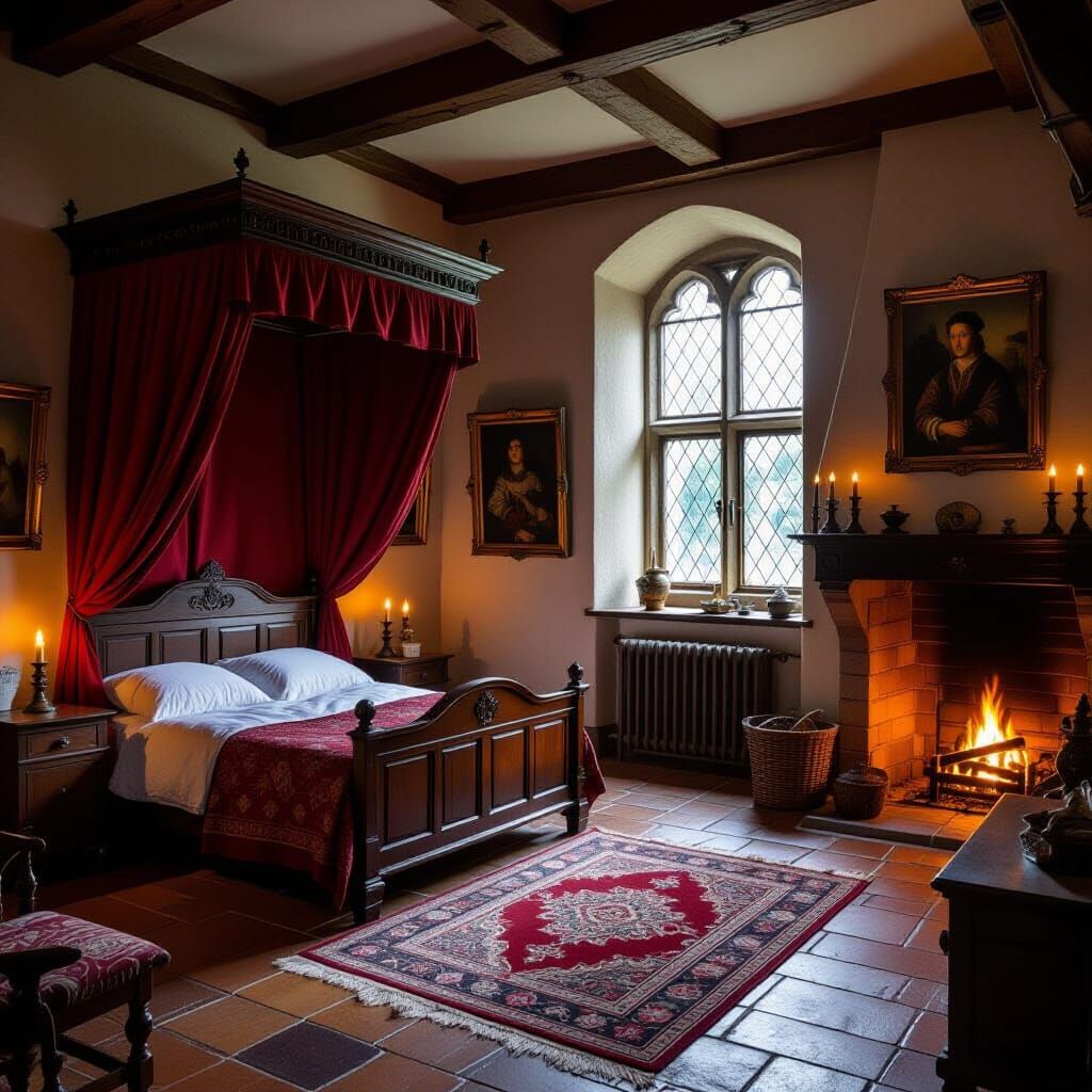 Medieval Bedroom with Fireplace in Renaissance Style