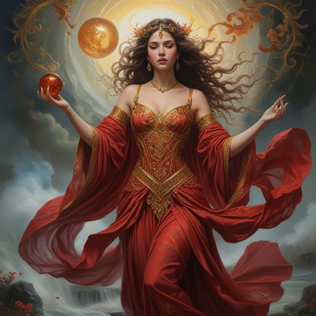 Goddess Emerges from Golden Mist in Vibrant Baroque Style