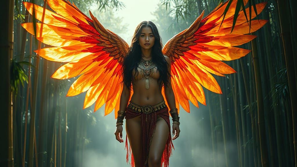 Fiery Angel Warrior in Misty Bamboo Forest