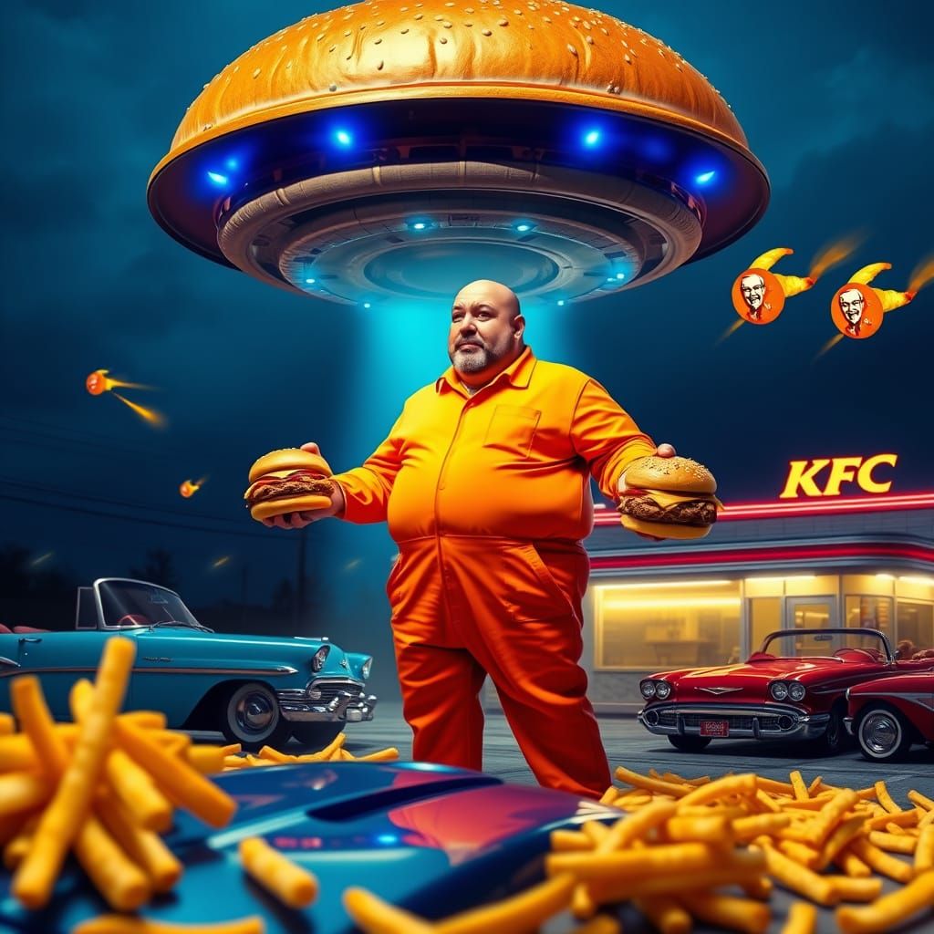 Hamburger UFO Abduction in Retro-Futuristic Style