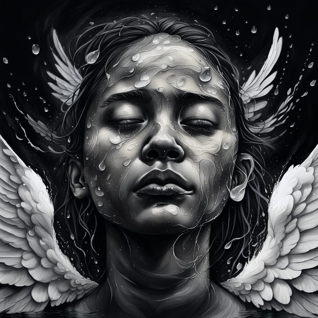 Detailed Charcoal Drawing: Angel in the Rain