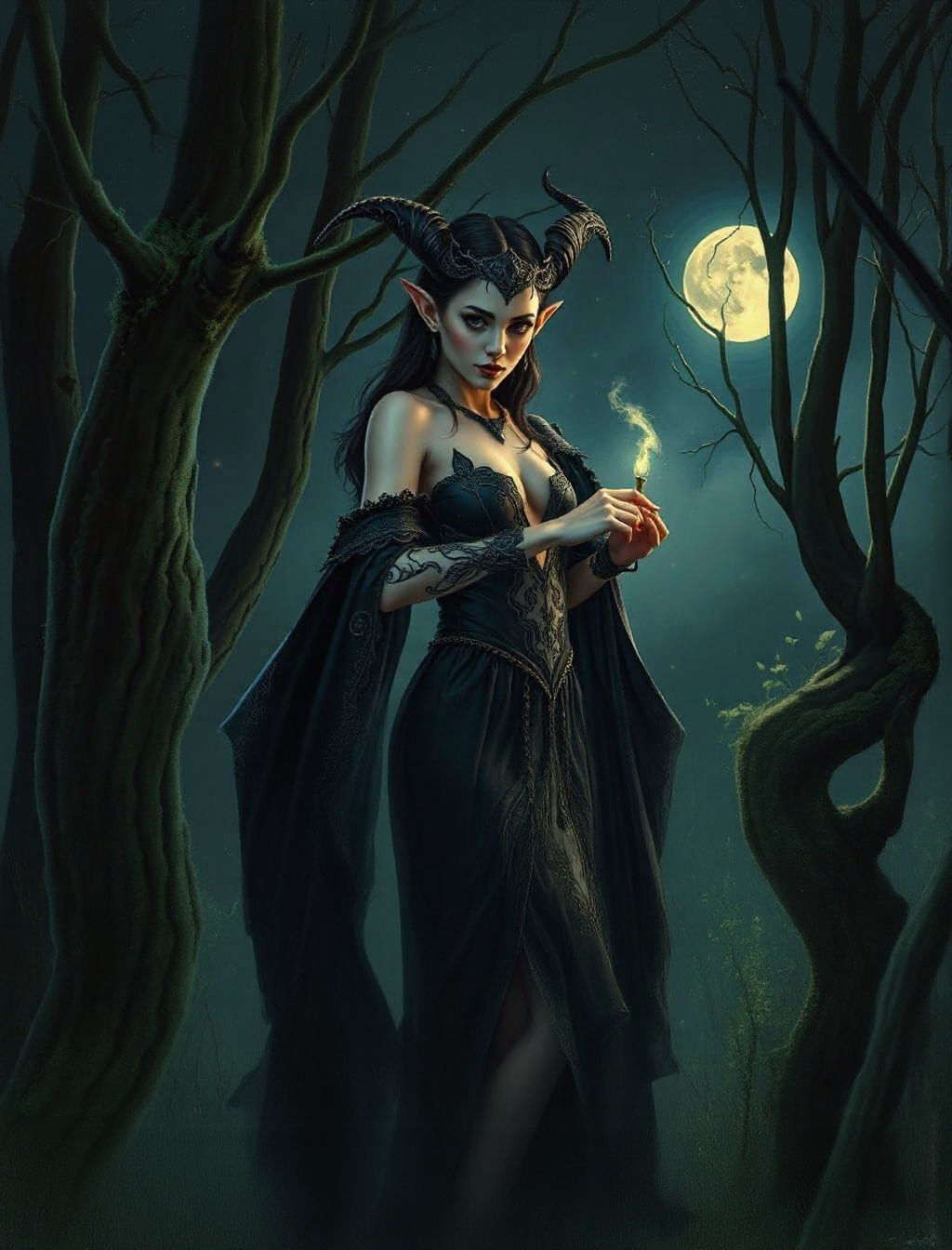Dark Elf Enchantress in Mystical Moonlight Forest