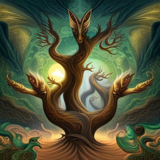 Joyful Alien Dragon Family in Fractal Blossom Garden