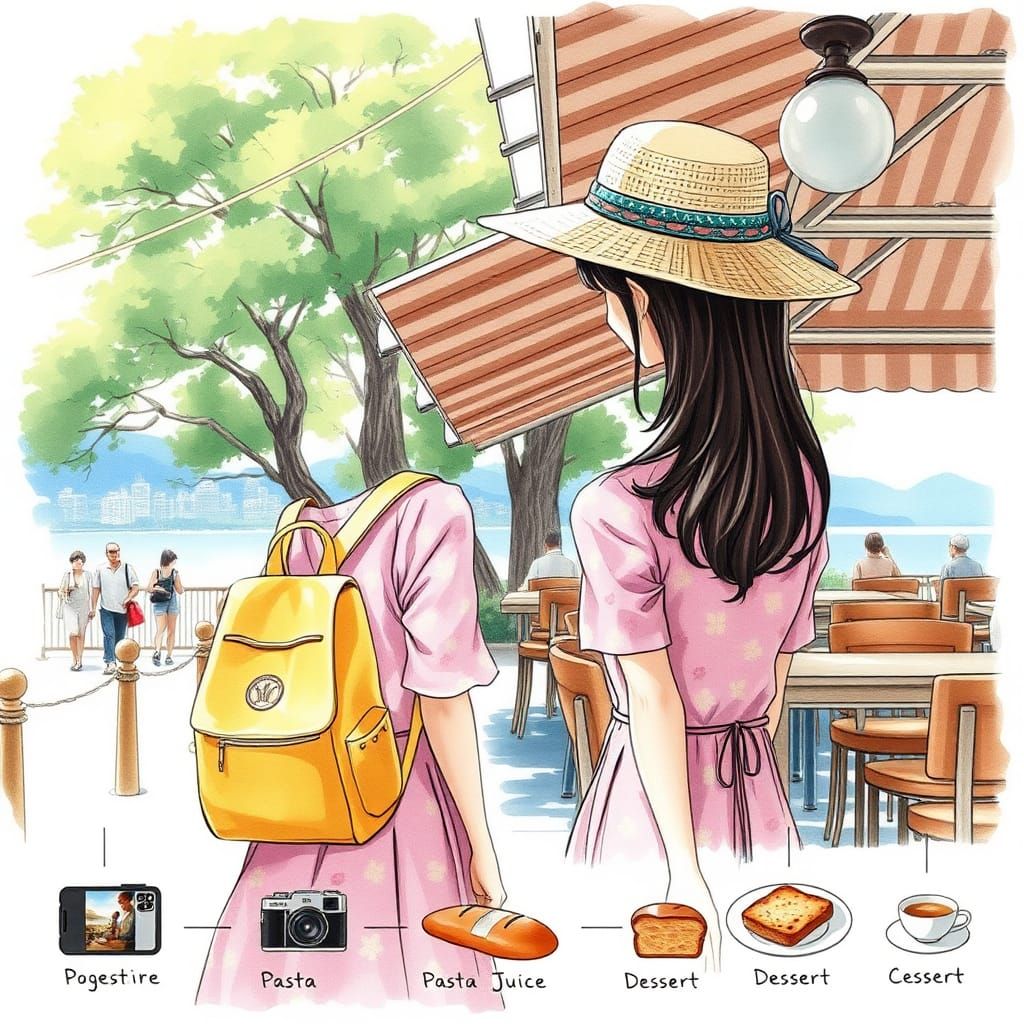 Seaside Coffee Shop Sketch in Watercolor Style