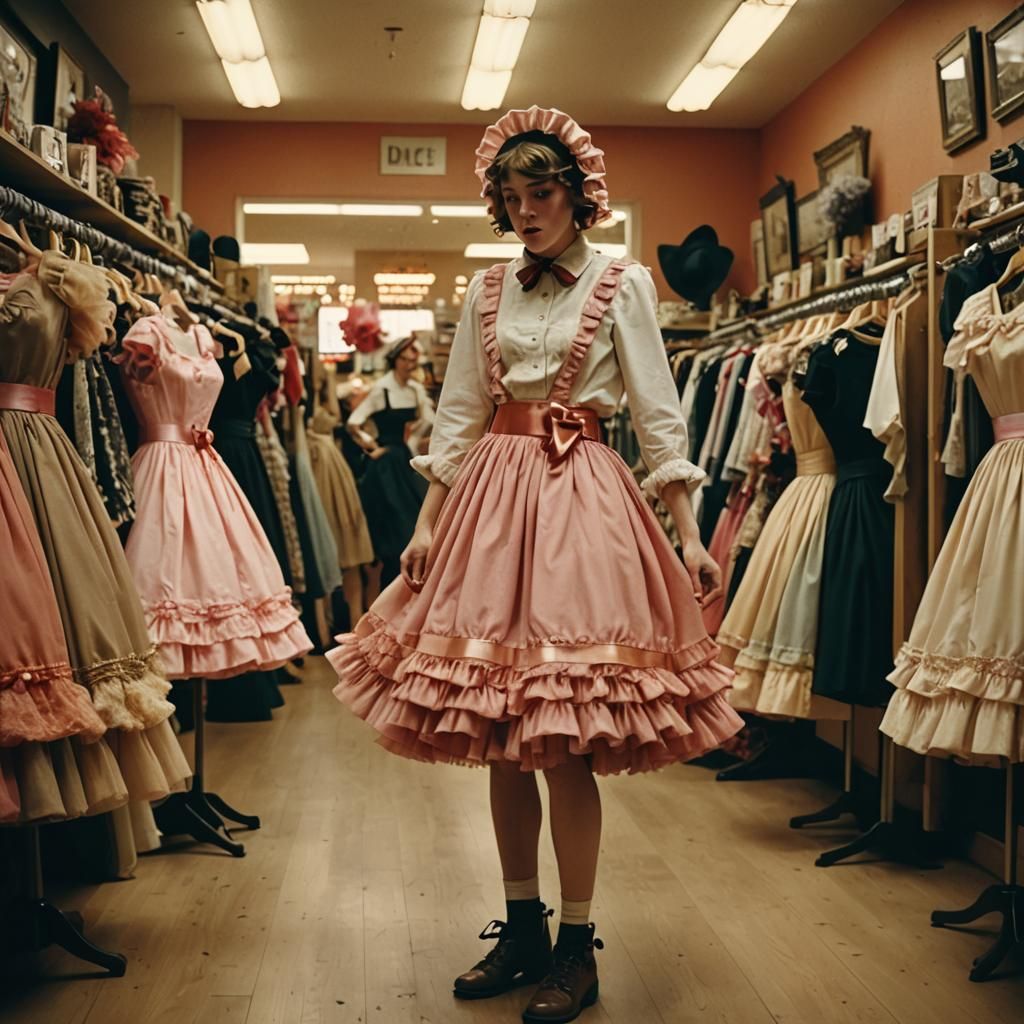 Boy Crossdressing in Frilly Dress in Dress Shop