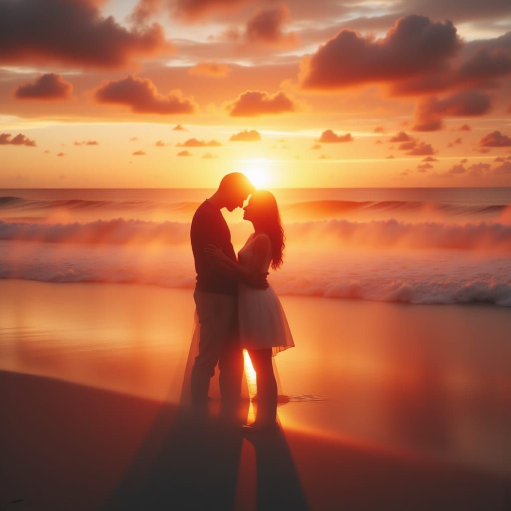 Romantic Sunset Kiss on Beach in Double Exposure