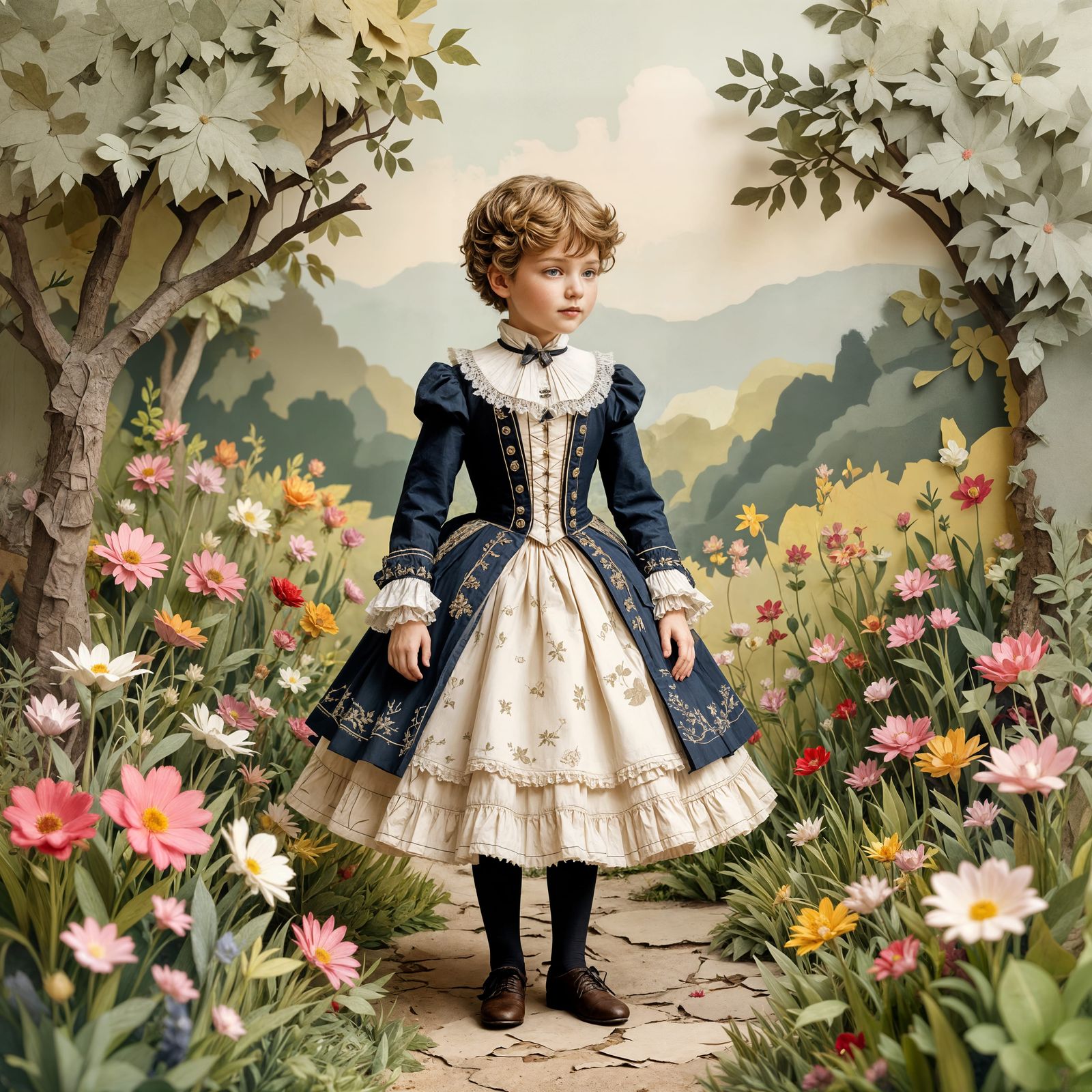 Victorian Boy in Paper Garden