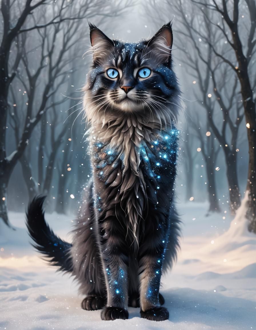 A kind, fluffy white cat with shiny black fur, glittering bl...