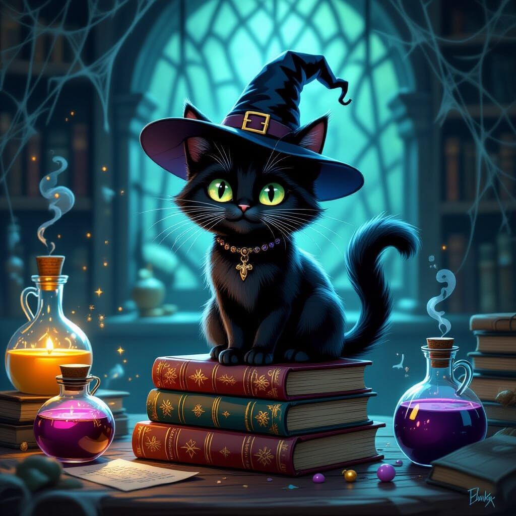 Mischievous Black Witch Cat on Spellbooks