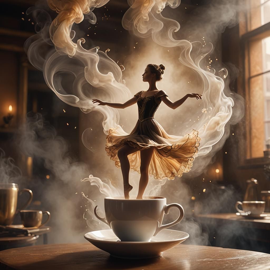 Ethereal Ballerina Dancing in Coffee Steam