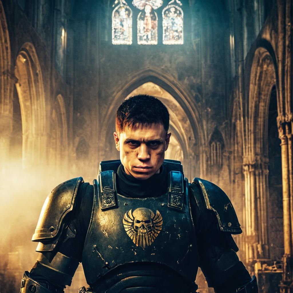 Space Marine in Gothic Cathedral, Cinematic Film Still