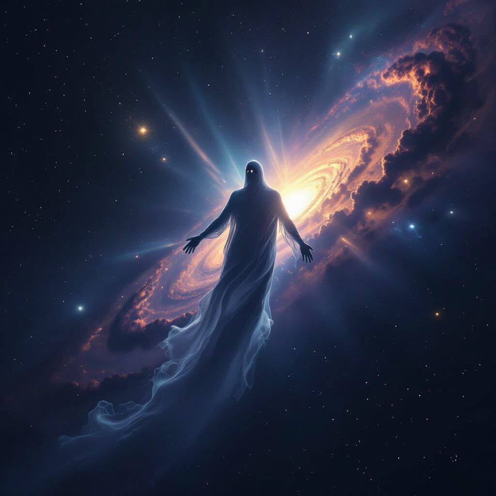 Ghostly Figure Emerging From Earth Into Starry Galaxy