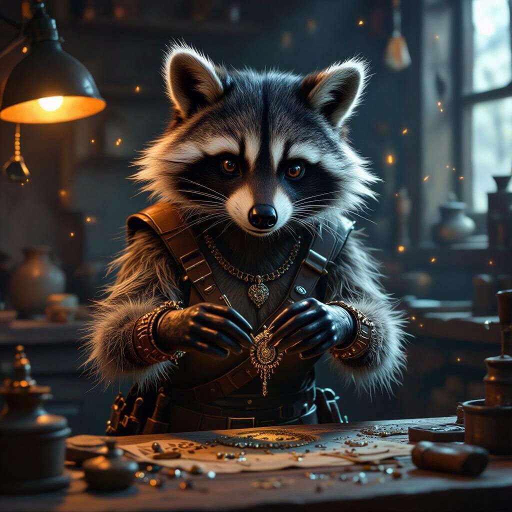 Raccoon Artisan Crafting Jewelry in Cinematic Workshop
