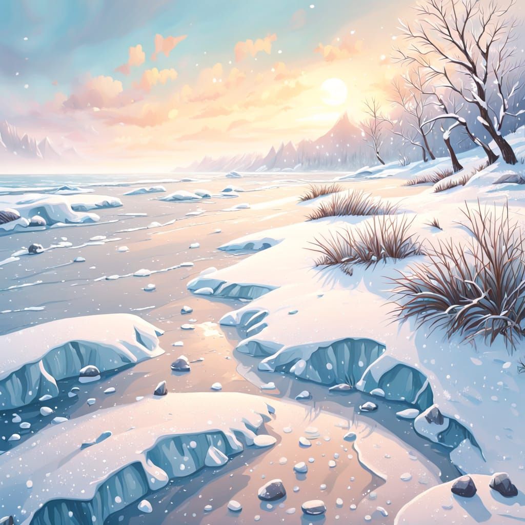 Icy Winter Beach: Vibrant Oil Painting in 4K