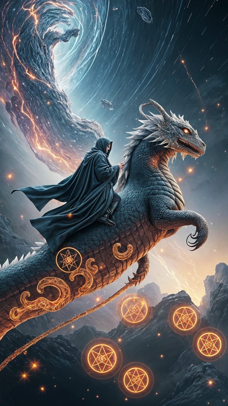 Mystic Figure Rides Cosmic Serpent Through Shattered Skies