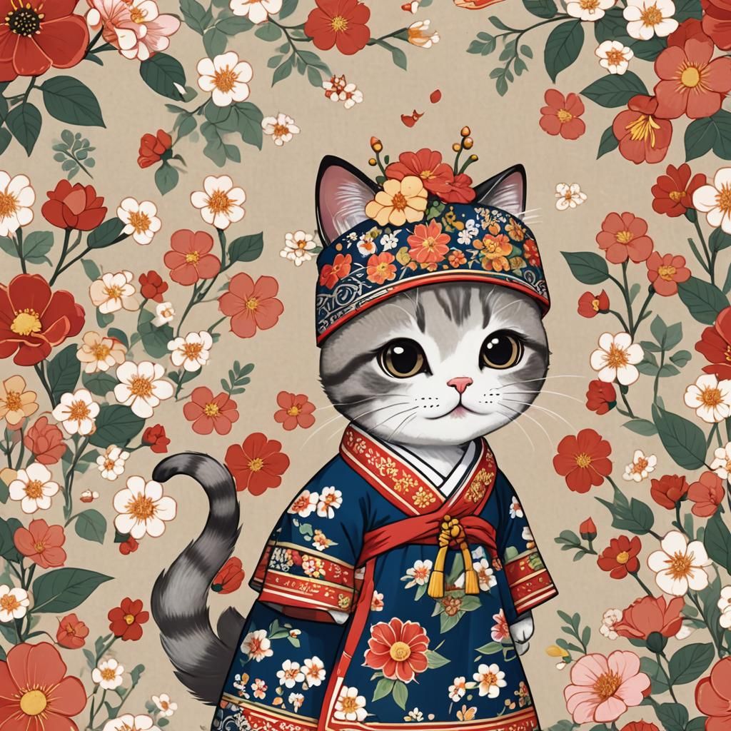 Anthropomorphic Cat in Korean Dress with Flowers
