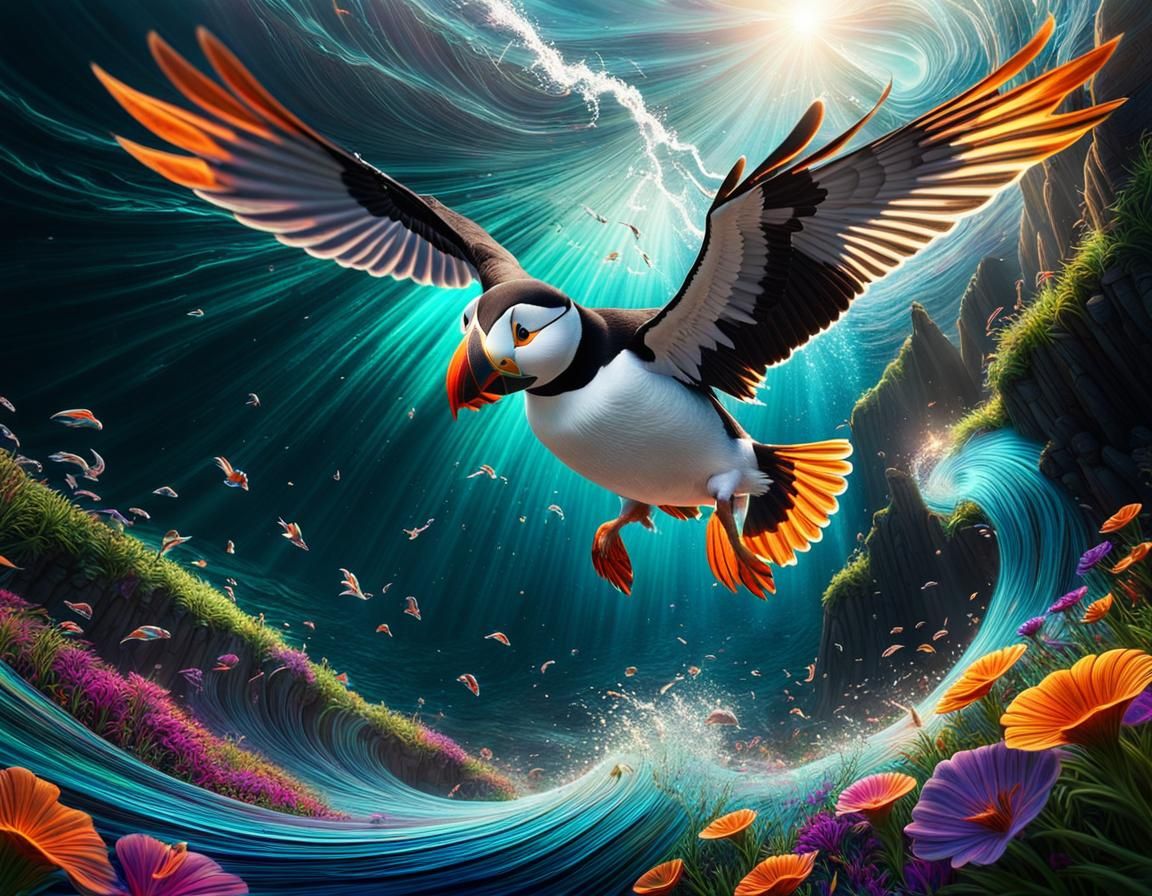 A vibrant flying puffin