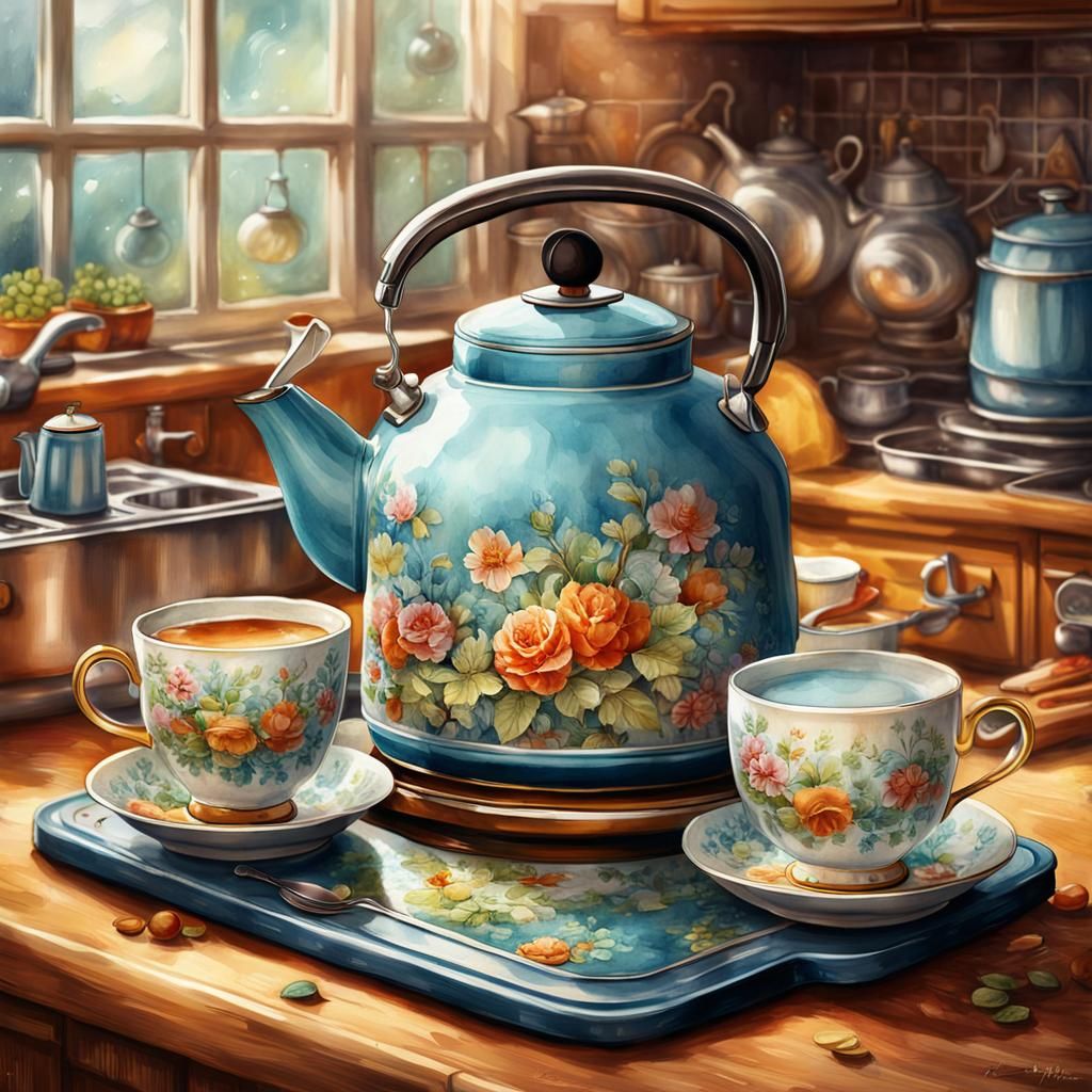 Vintage Teakettle and Teacup: Digital Watercolor Illustratio...