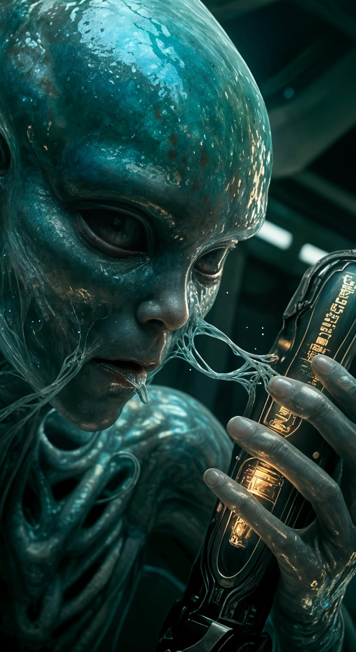 Alien Face with Biomechanical Device in Cinematic Style
