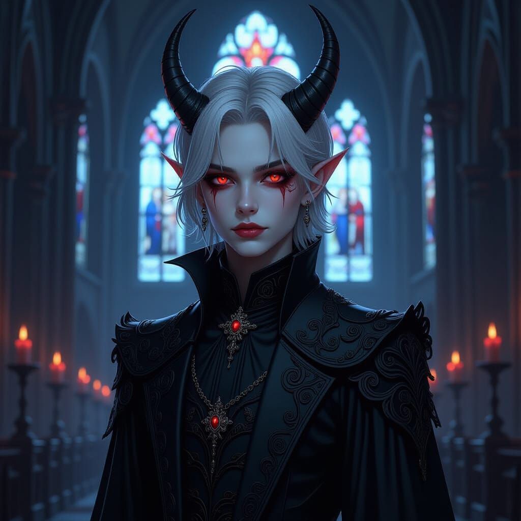 Young Demon in Gothic Cathedral: Dark Fantasy Art