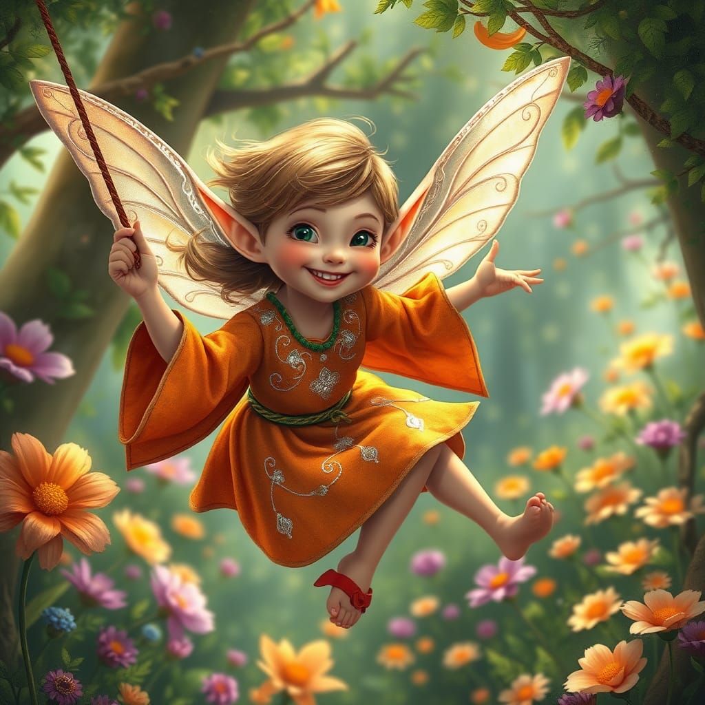 Whimsical Elf Maiden Swinging in a Vibrant Forest