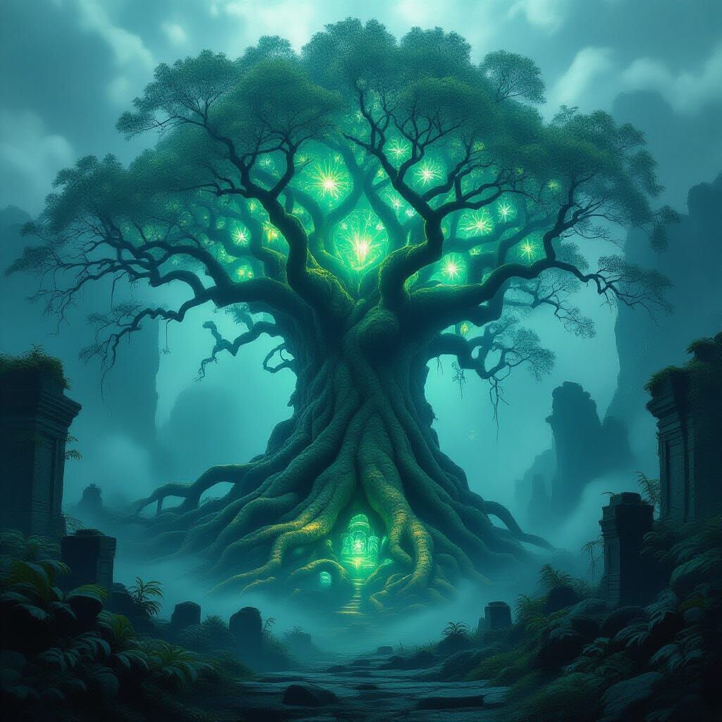 Ancient Bioluminescent Tree in Alien Jungle Ruins