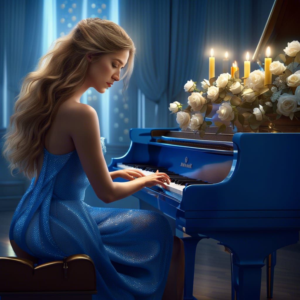 Woman Pianist in Blue Dress, Digital Matte Painting