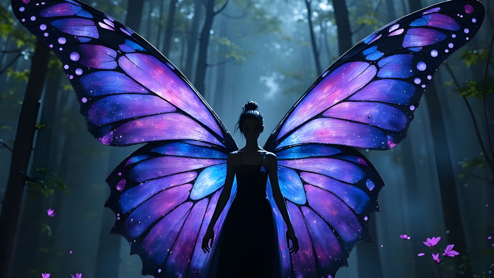 Fairy with Butterfly Wings in Dark Forest
