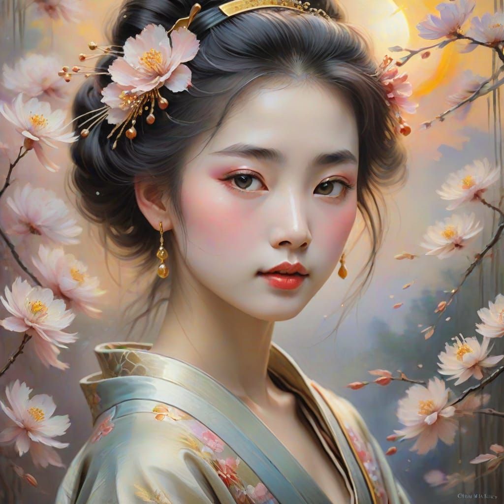 Ethereal Geisha in Soft Focus Oil Painting