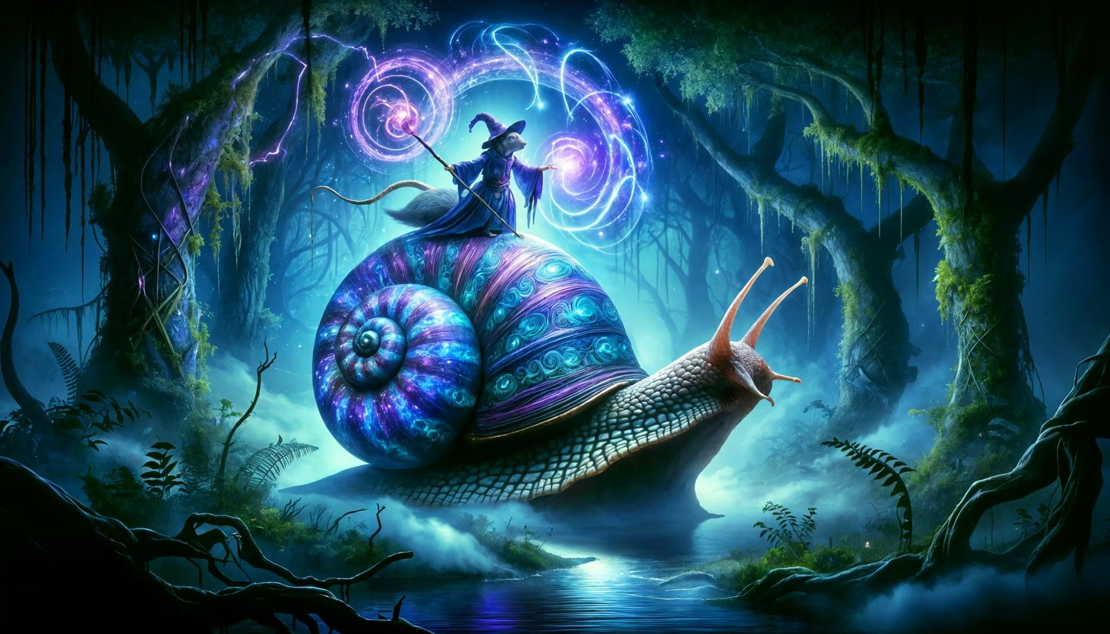 Rat Warlock Rides Enchanted Snail in Mystic Swamp