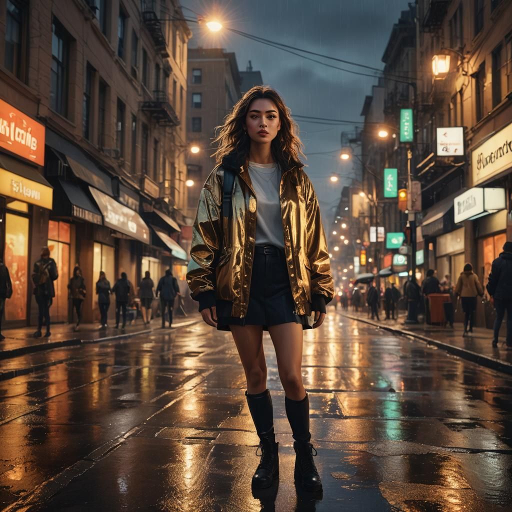Hyper-Realistic Girl in City Street at Night