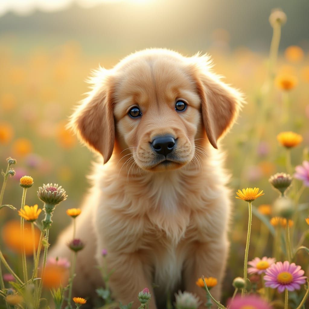Golden Retriever Puppy in Wildflower Field