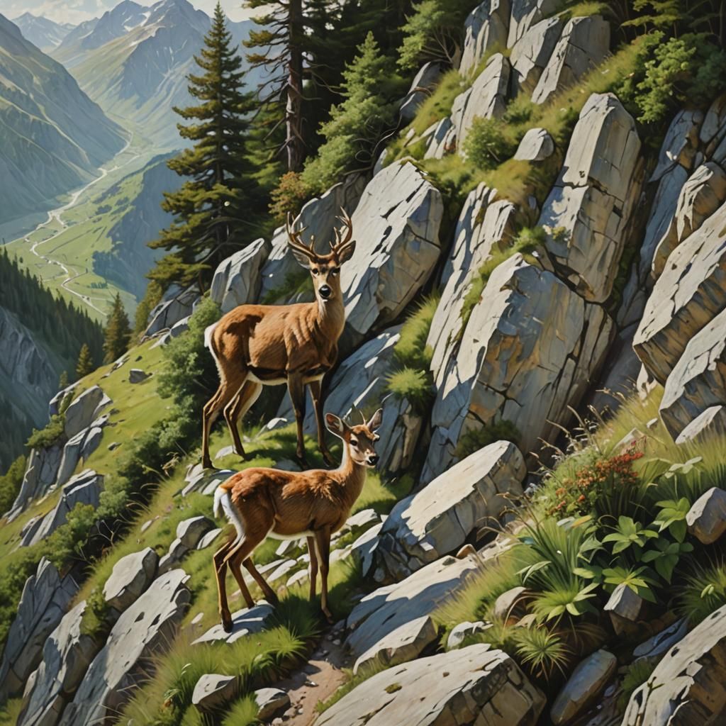 Deer and Young in Alps, Oil Painting Style