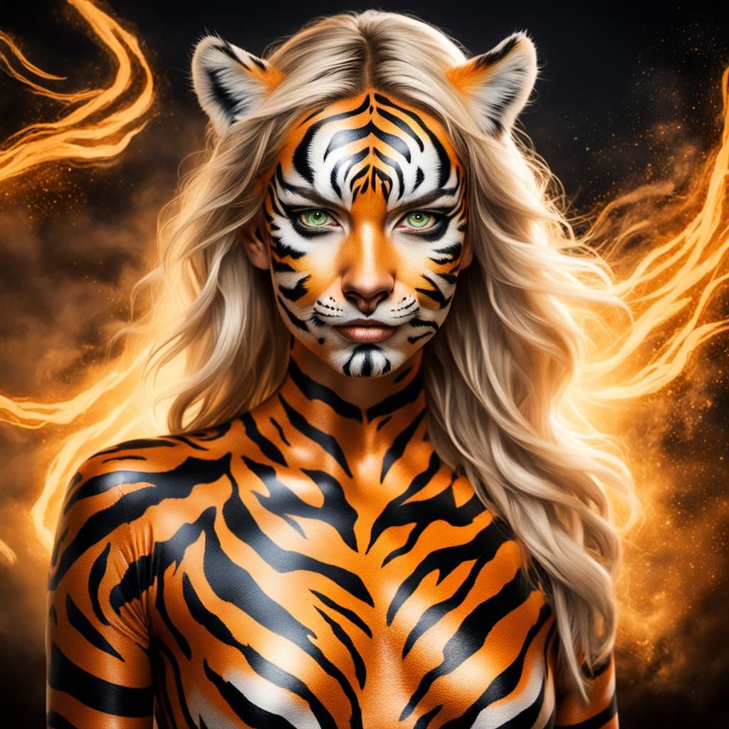 Attractive Woman with Tiger Body Paint and Glowing Eyes