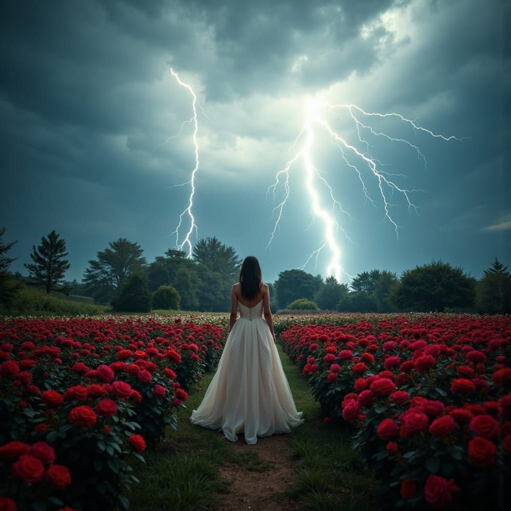 Elegant Woman in Rose Garden During Thunderstorm