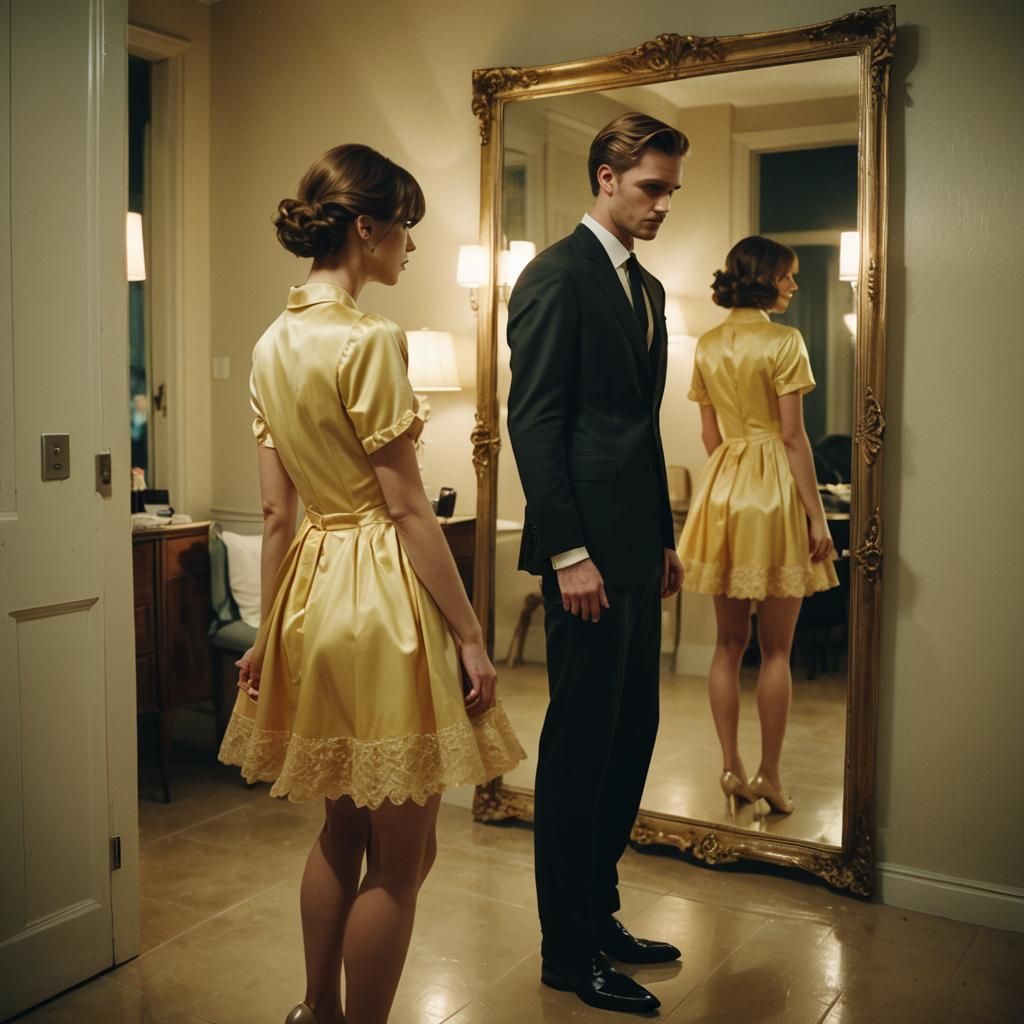 Crossdressing Reflection: Cinematic Film Still in Soft Light