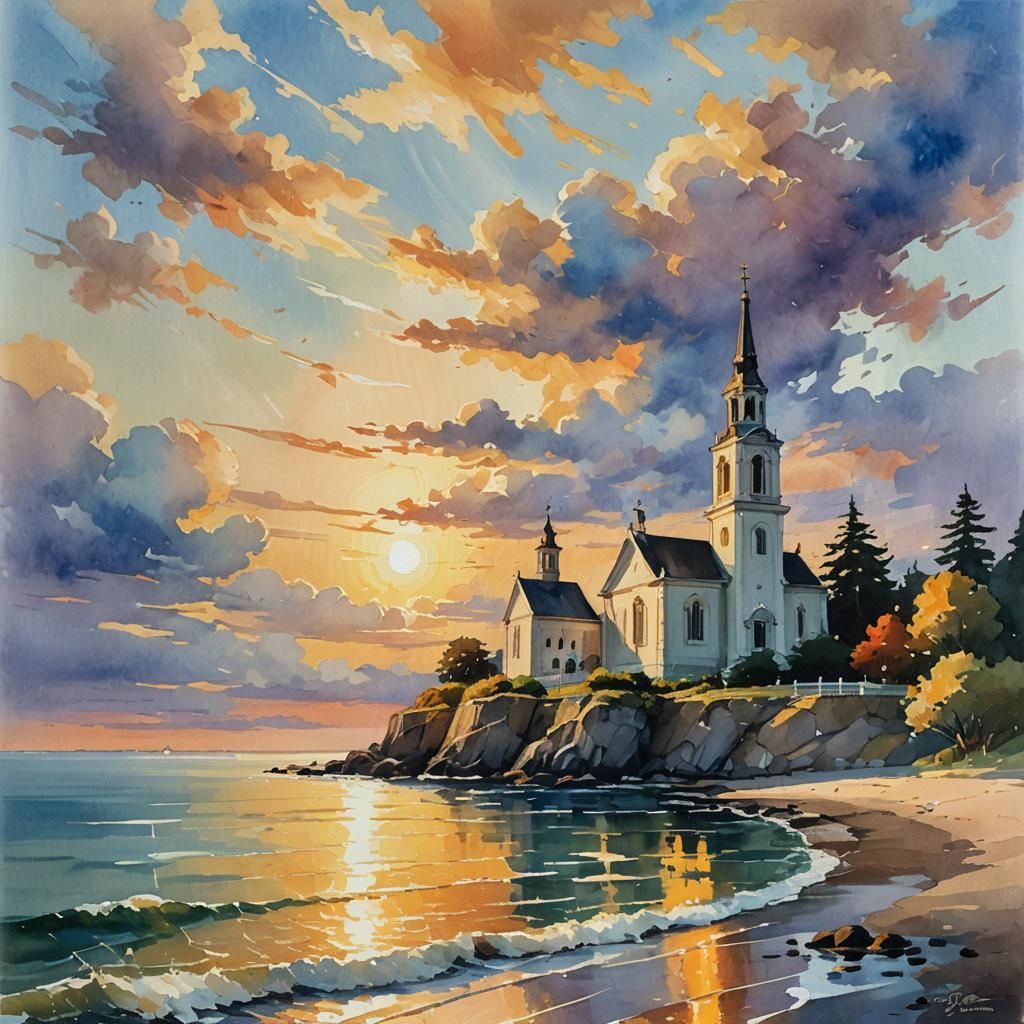 Impressionist Church on the Sea at Golden Hour