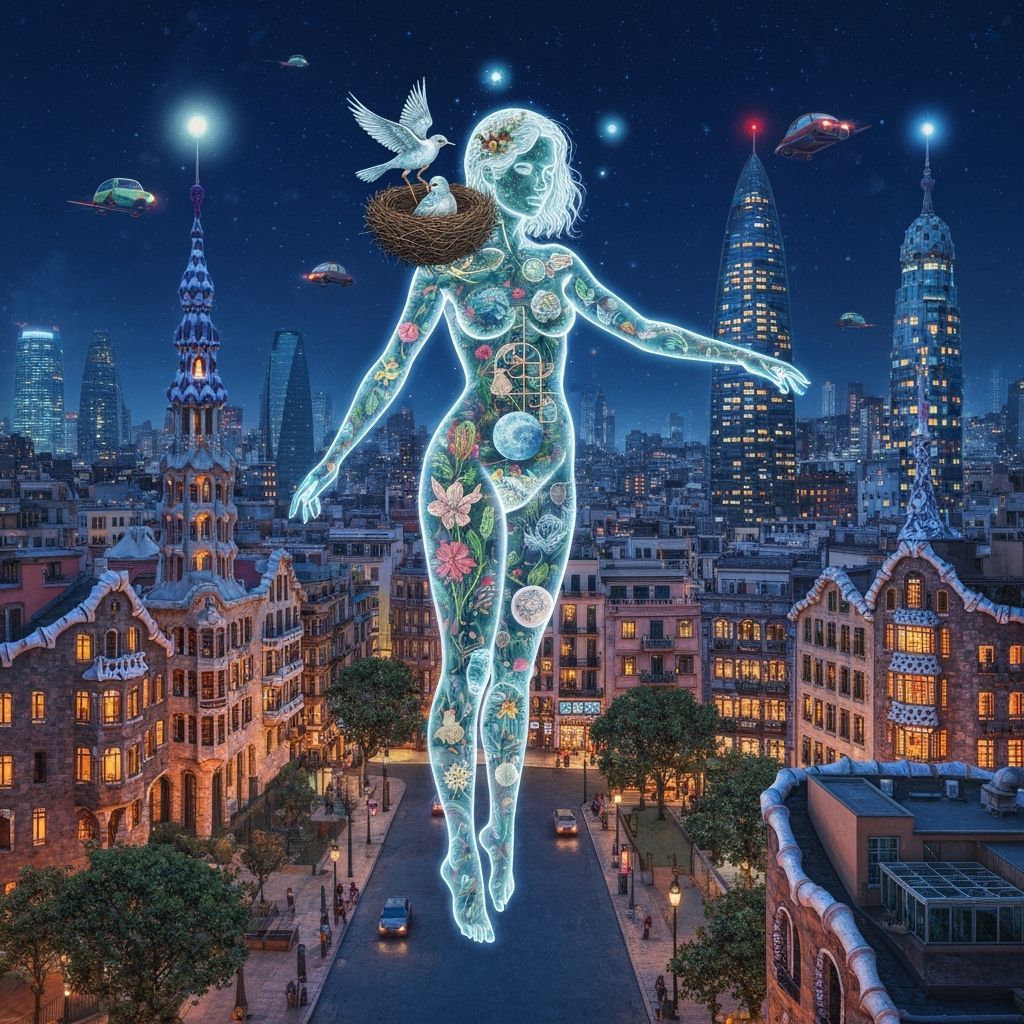 Bioluminescent Woman Floating Over Gaudí Cityscape