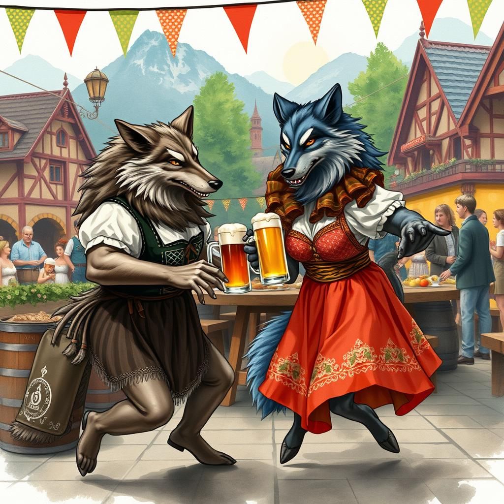 Oktoberfest Werewolves Celebrate in Folk Art Style