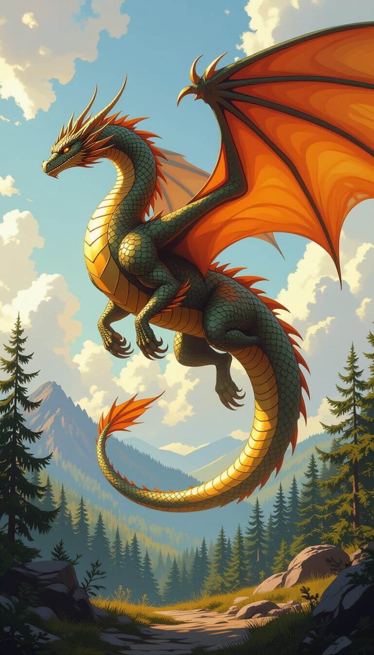 Majestic Sky Dragon Soaring, in Fantasy Art Style