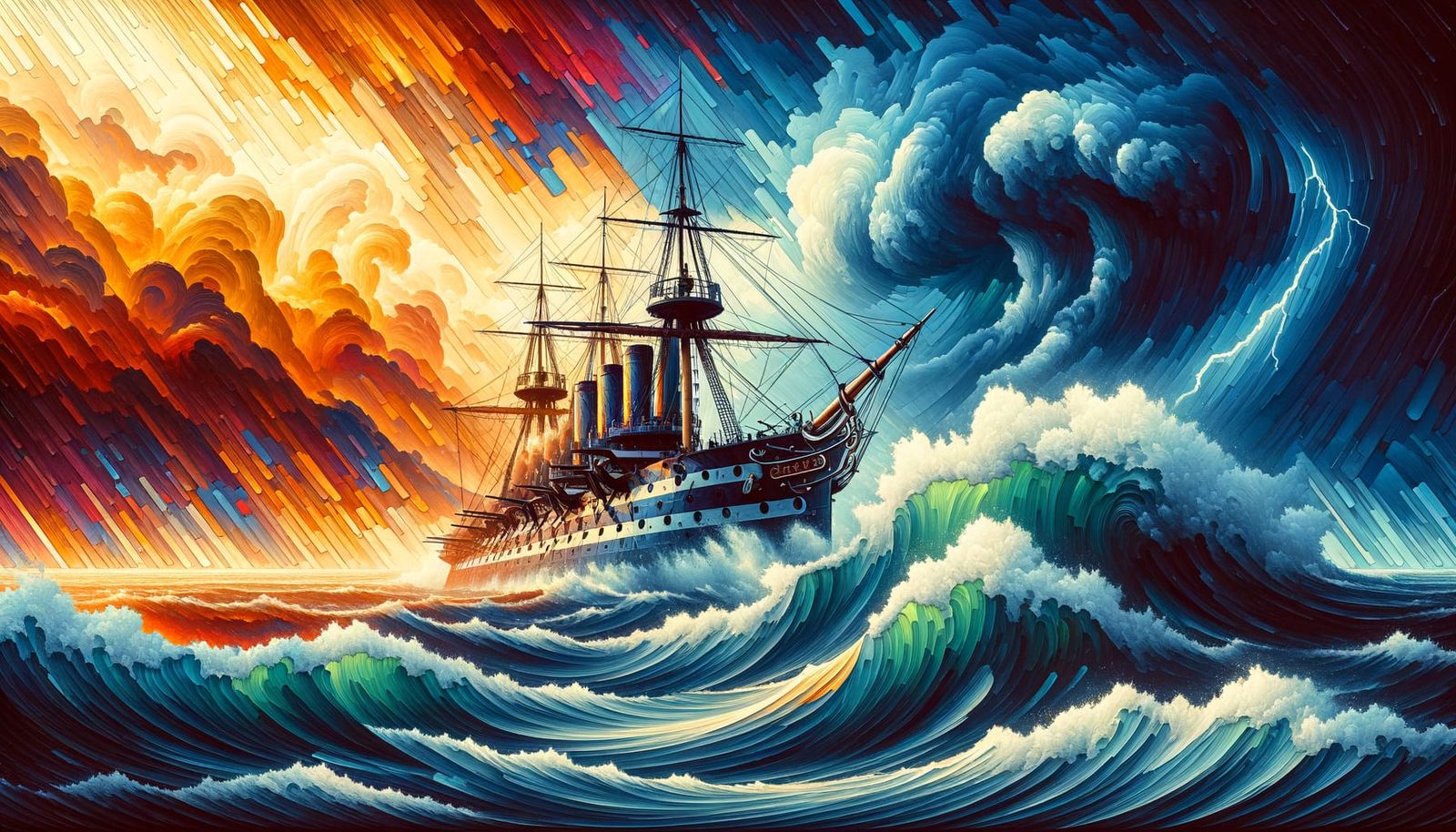 British warship HMS Victory fighting the storm in the Pacifi...