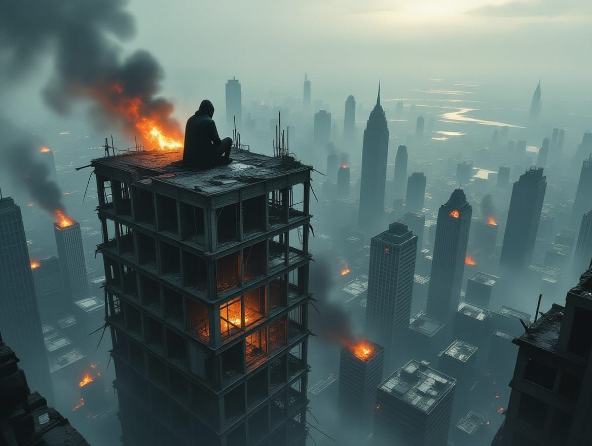 Dystopian Cityscape in Ruin, Gritty Textures, 8k Resolution